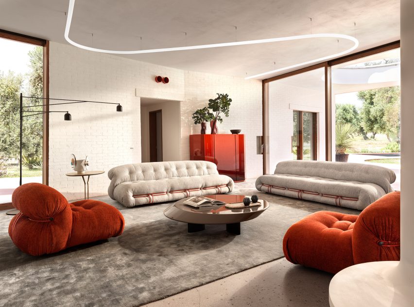 A photograph of Soriana, a collection of seating in red and white