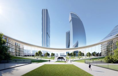 Curved canopy of the CityWave buildings with towers rising above it