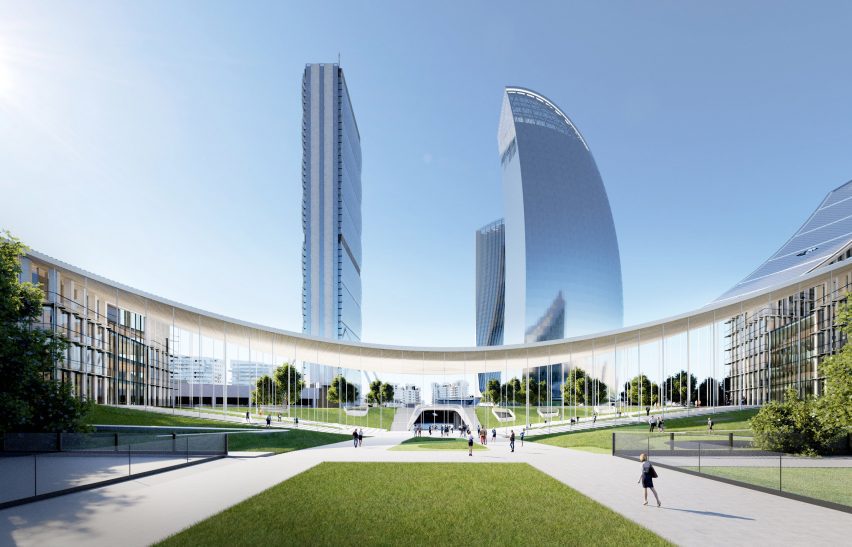Curved canopy of the CityWave buildings with towers rising above it