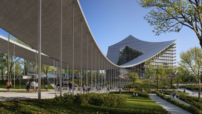 Thin columns under the canopy at BIG's CityLife building