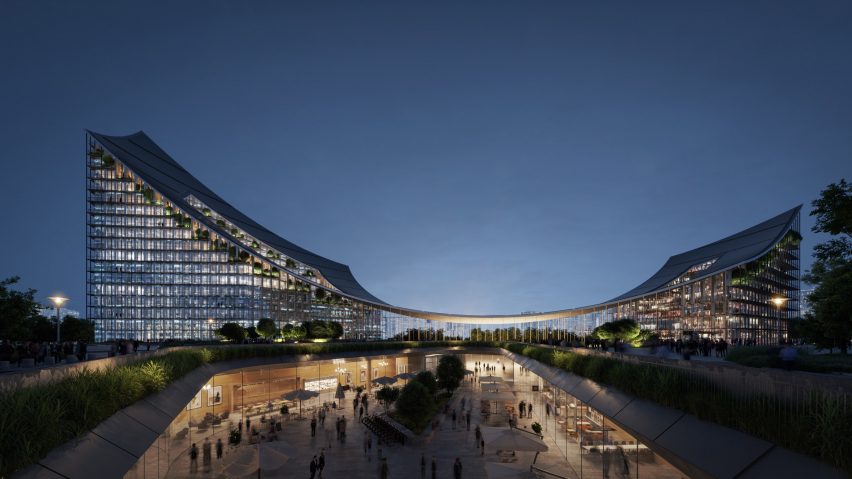 BIG's CityWave canopy is a thin sheet of dowel-laminated timber suspended between two buildings