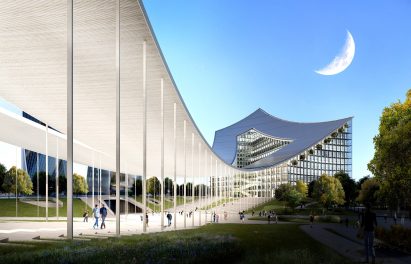 Columns line the open space under the canopy of the CityWave buildings