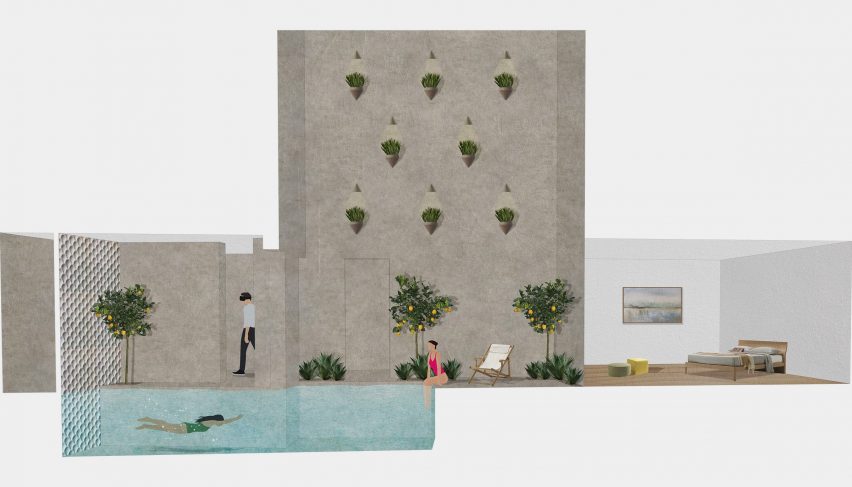 Sectional visualisation of a swelling with concrete walls and pool