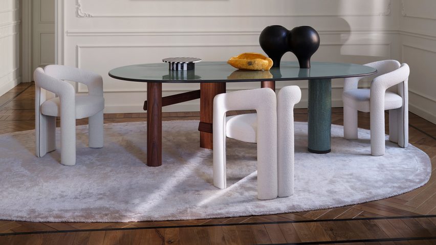A dining table with Dudet dining chairs