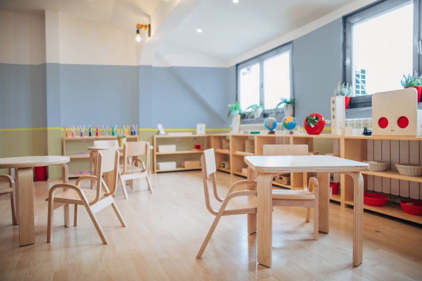 A classroom painted in Bright Skies blue