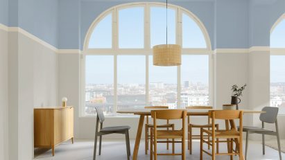 A dining room painted in Dulux blue skies colour