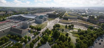 A aerial visual of the planned Vilnius railway station renovationrender of the Green Connect renovation of Zaha Hadid Architects