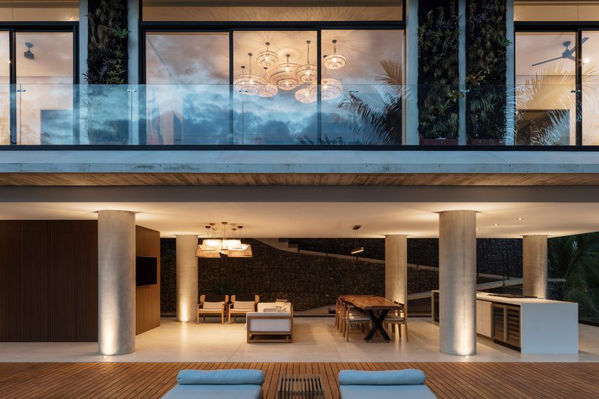 Pool deck and communal space at night