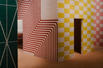 Structures covered in yellow and red stripes