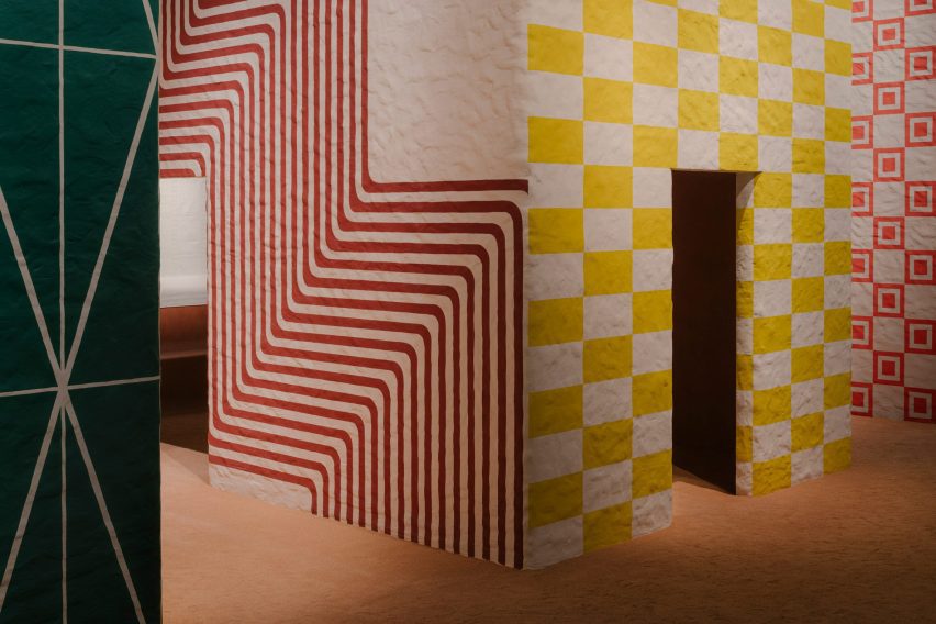 Structures covered in yellow and red stripes