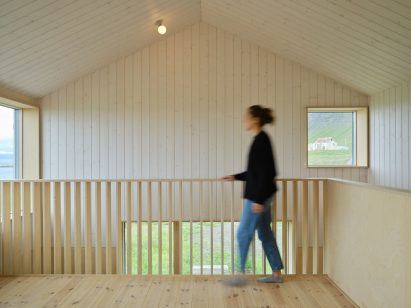 The wood-lined interiors of an Icelandic holiday home