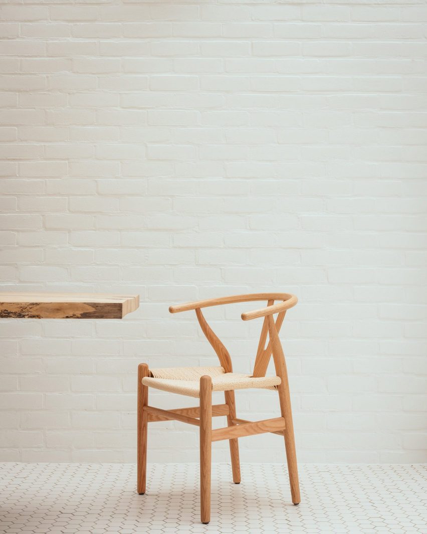 White kitchen with wooden chair