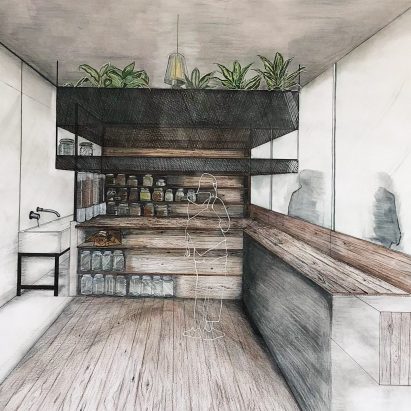 hand rendering of retail interior by Emily Clouter