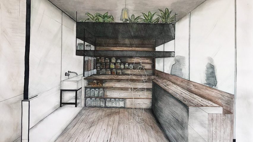 hand rendering of retail interior by Emily Clouter