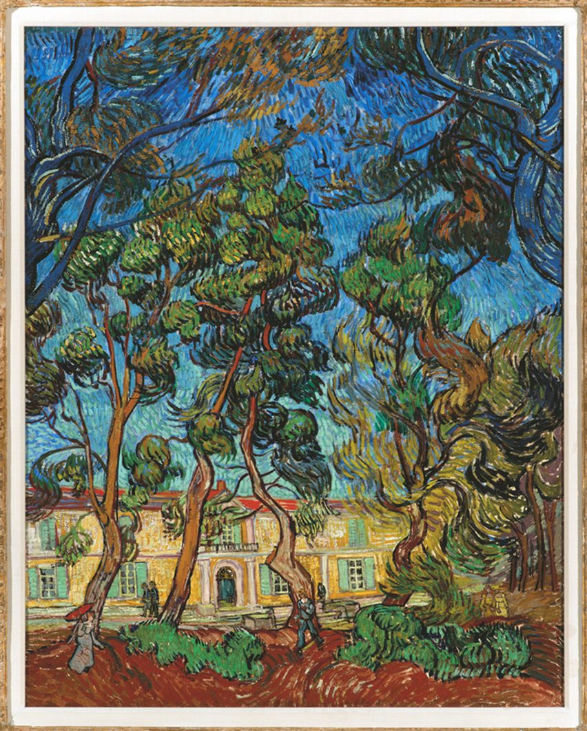 A painting of trees and houses at the Laura Owens and Vincent van Gogh exhibition