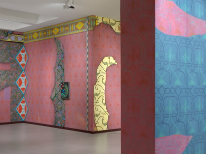 Pink and blue wallpaper on the walls of Fondation Vincent van Gogh Arles