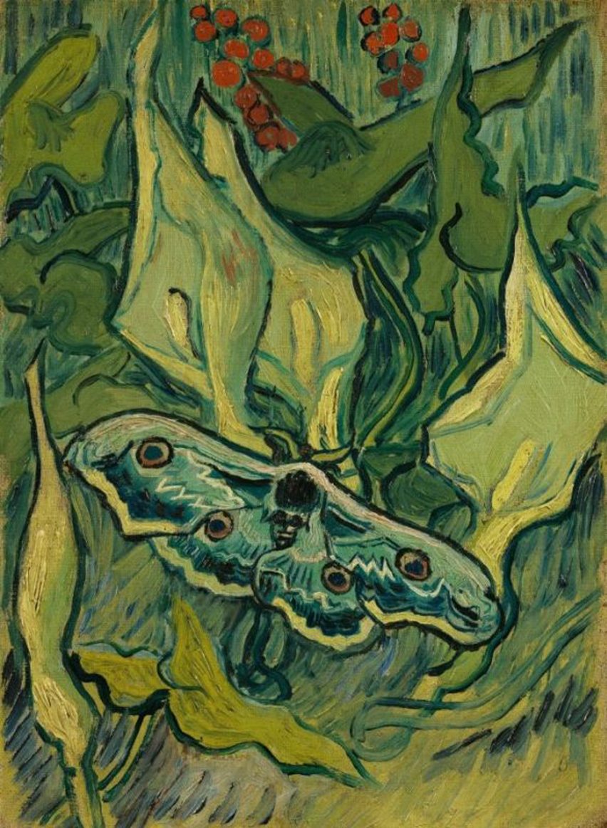 A painting of green leaves at the Laura Owens and Vincent van Gogh exhibition