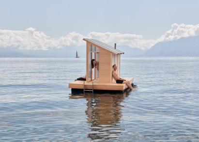 Löyly has a sloped roof with a wooden exterior