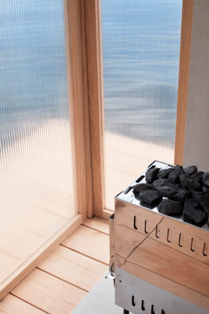 Ribbed glass is framed by wood