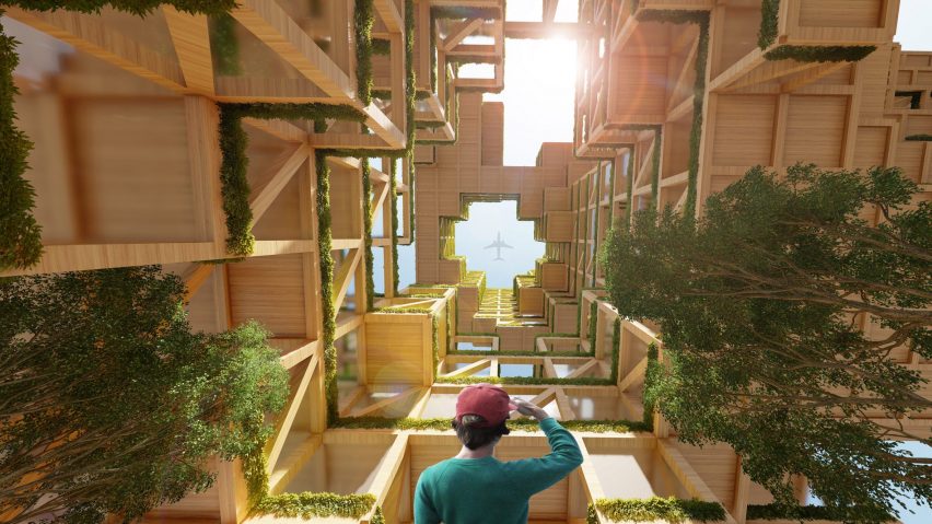 Visualisation of a figure looking skyward through the interior of a wooden structure
