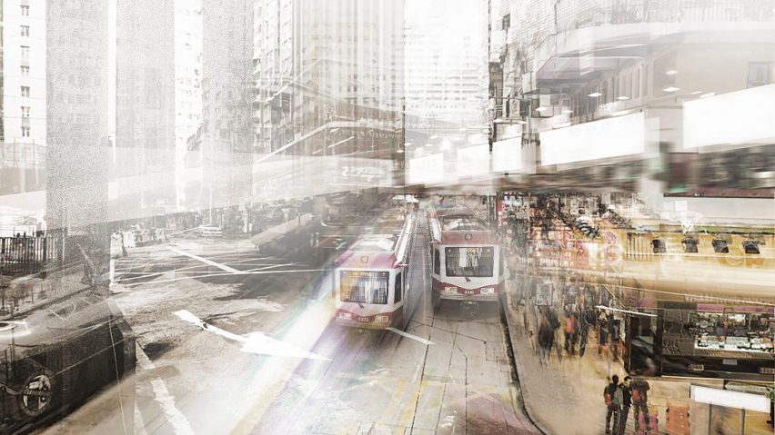A cityscape with lighting suggesting movement and featuring tall buildings, trams and pedestrians