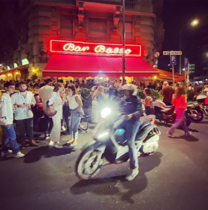 Milan design week crowds outside of Bar Basso