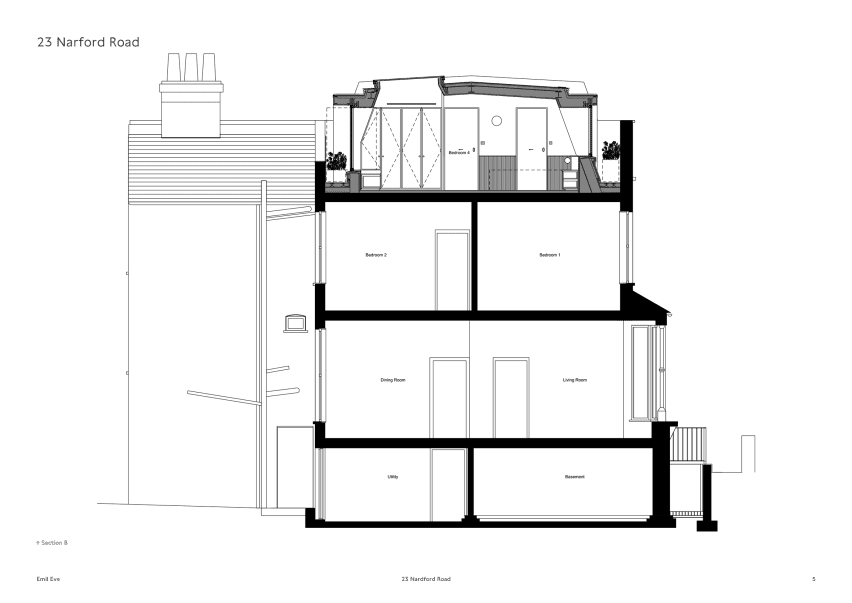 Cross section of Narford Road loft extension by Emil Eve Architects