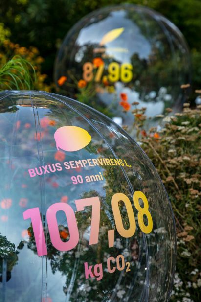 A transparent sphere bearing the figure 107.08 kilograms of CO2