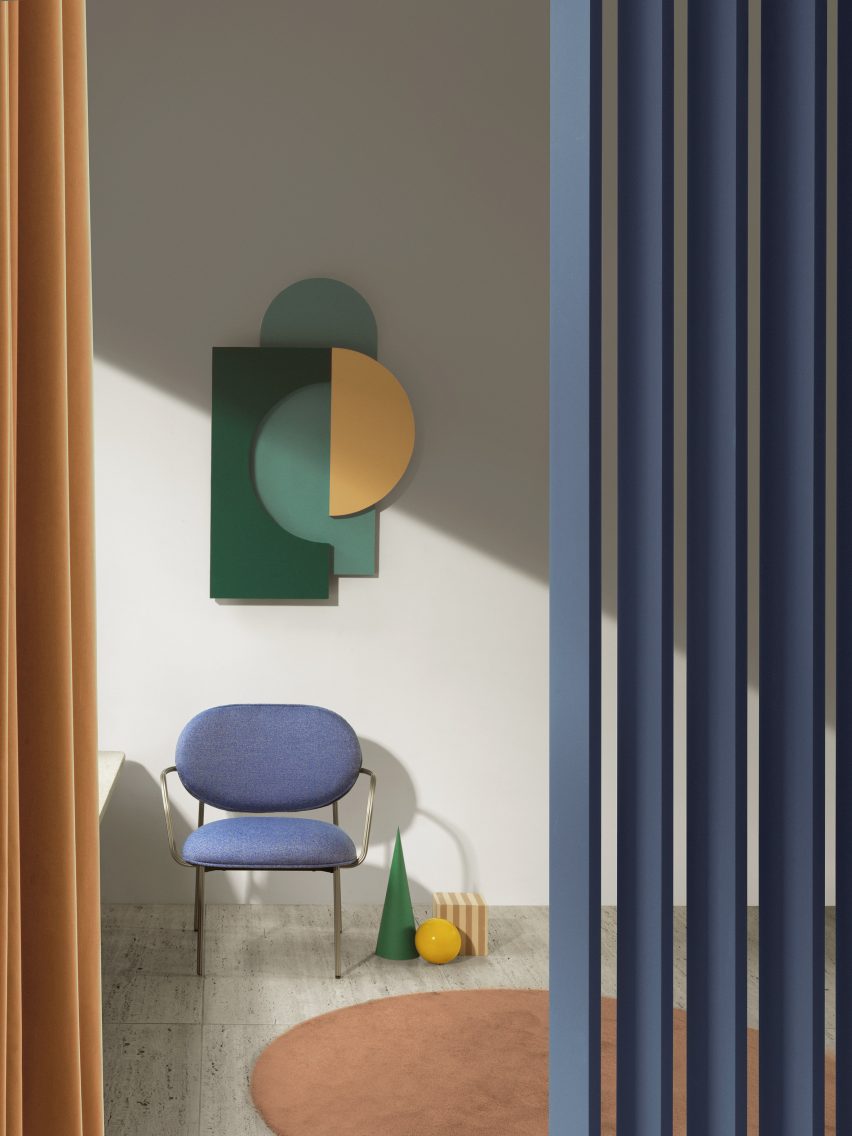 Installation featuring Blume lounge armchair by Sebastian Herkner for Pedrali in blue