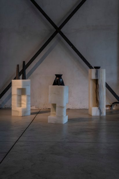 Cast bronze vessels on onyx plinths by Pietro Franceschini