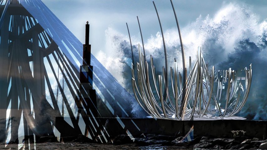 Architectural model rendered onto ocean background