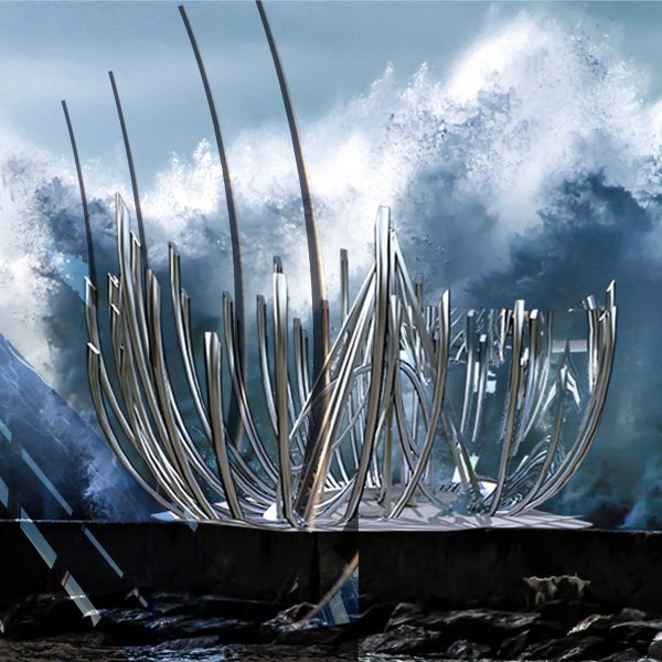 Architectural model rendered onto ocean background