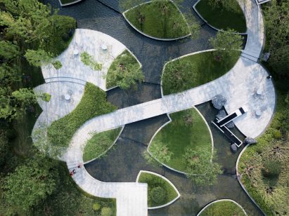 An aerial view of the gardens paths and bridges