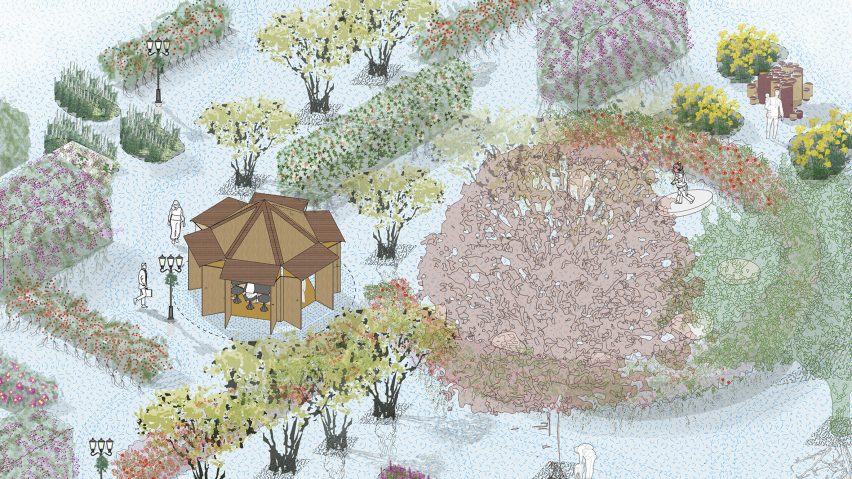 a digital image of a landscape from above in green, blue and brown tones