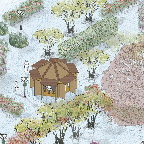 a digital image of a landscape from above in green, blue and brown tones