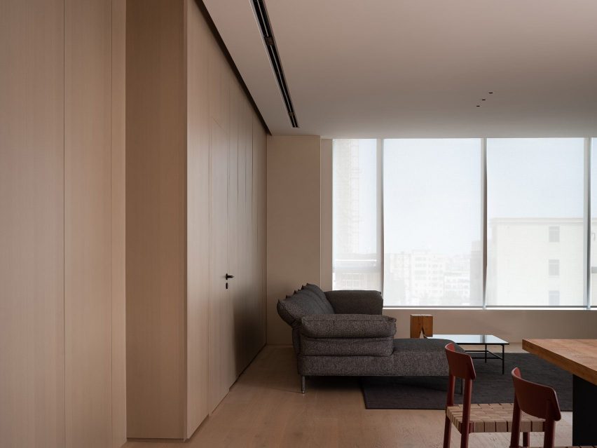 Wood-lined living room in Red Box apartment