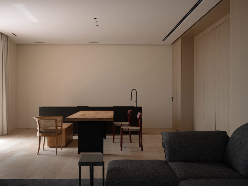Wood-lined dining room