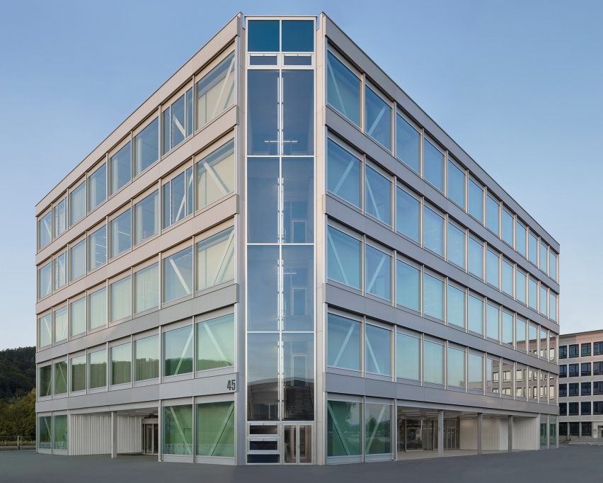 Glazed staircase corners of Roche Multifunctional Workspace Building is the third building by Christ & Gantenbein