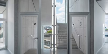Corner staircases of Roche Multifunctional Workspace Building is the third building by Christ & Gantenbein