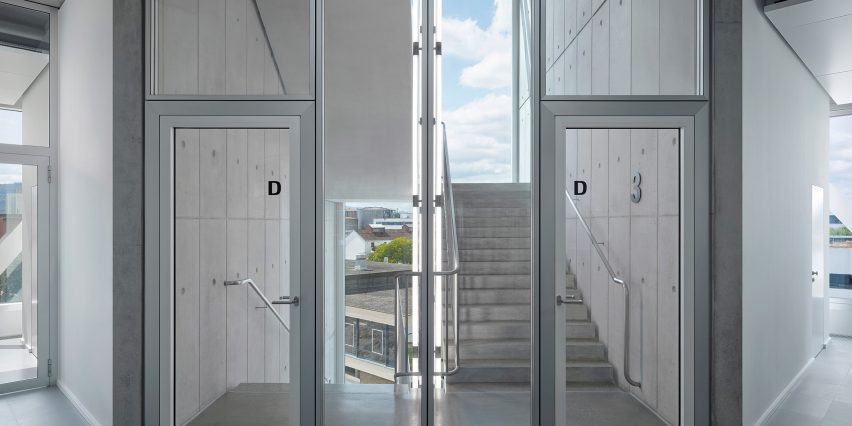 Corner staircases of Roche Multifunctional Workspace Building is the third building by Christ & Gantenbein