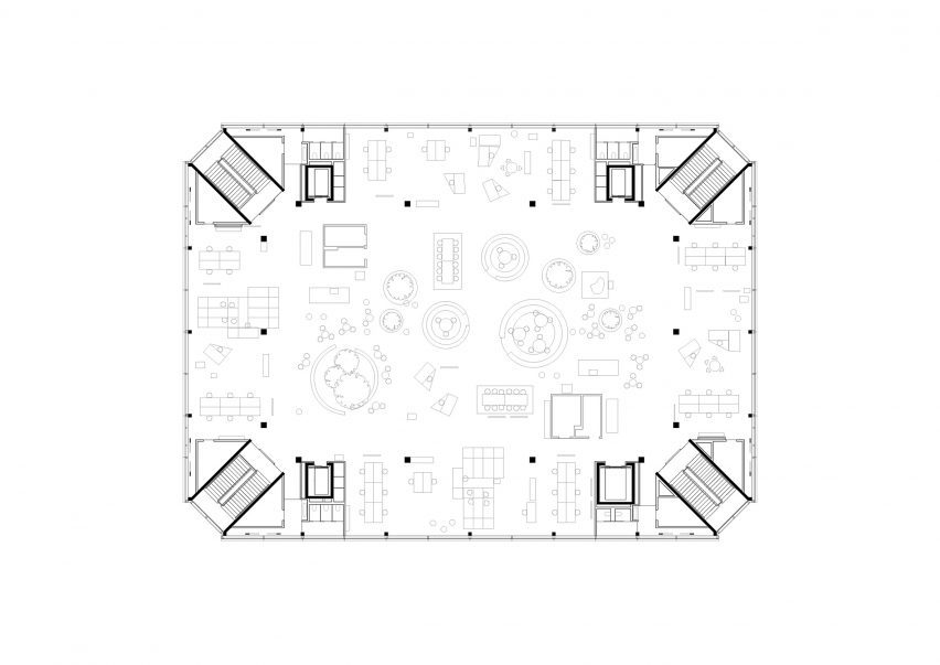 Fourth floor plan of Roche Multifunctional Workspace Building is the third building by Christ & Gantenbein