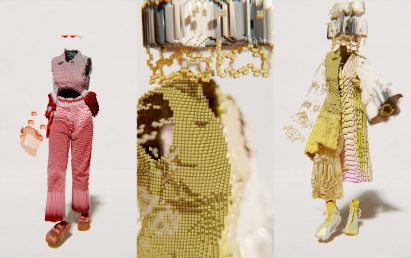 a trio of images showing a gold and red look by Santa Kupča 