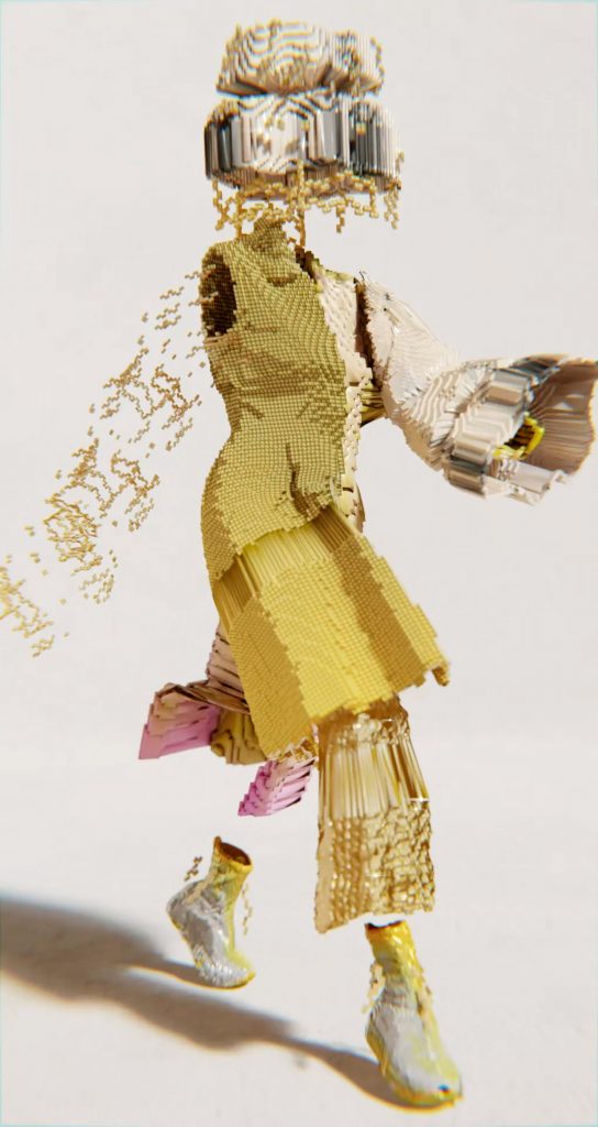 The Decrypted Garments collection included a gold look pictured mid-walk