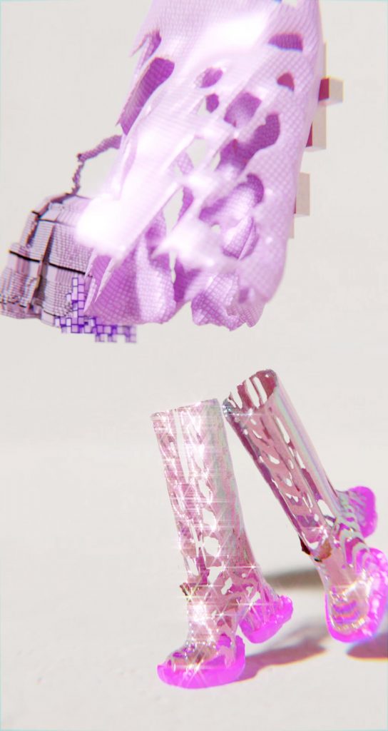 Detail image of tall pink boots in the Decrypted Garments collection