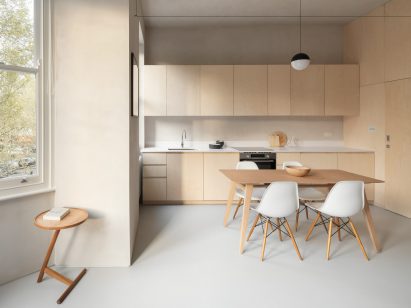 A kitchen with birch plywood joinery
