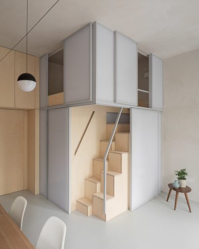 A sleeping platform with alternating tread stairs