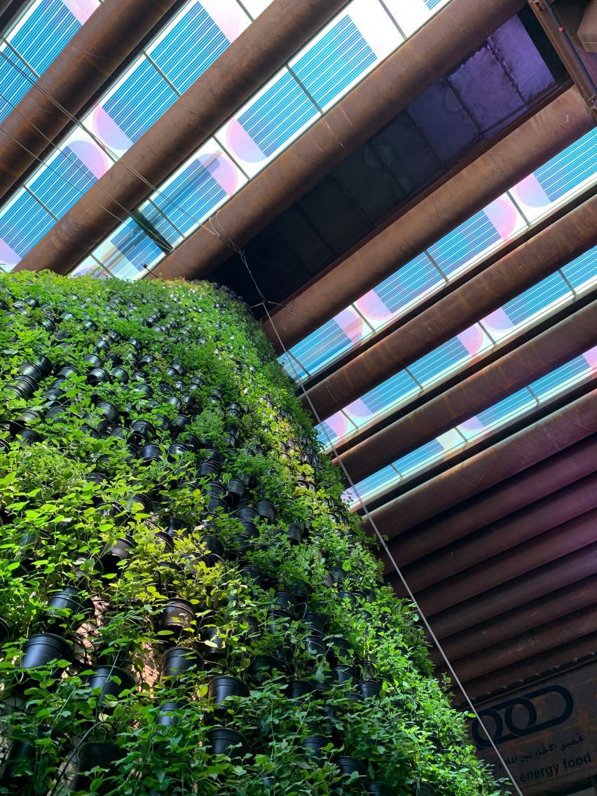 Pink and blue moiré patterned solar cells on a skylight by Marjan van Aubel