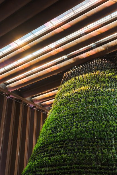 Sunlight falls through coloured solar panel skylight into the Dutch pavilion at Expo 2020 Dubai