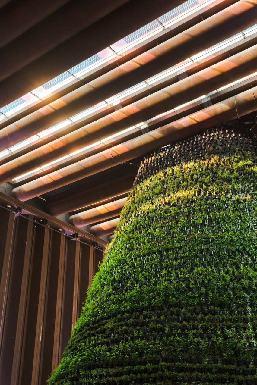 Sunlight falls through coloured solar panel skylight into the Dutch pavilion at Expo 2020 Dubai