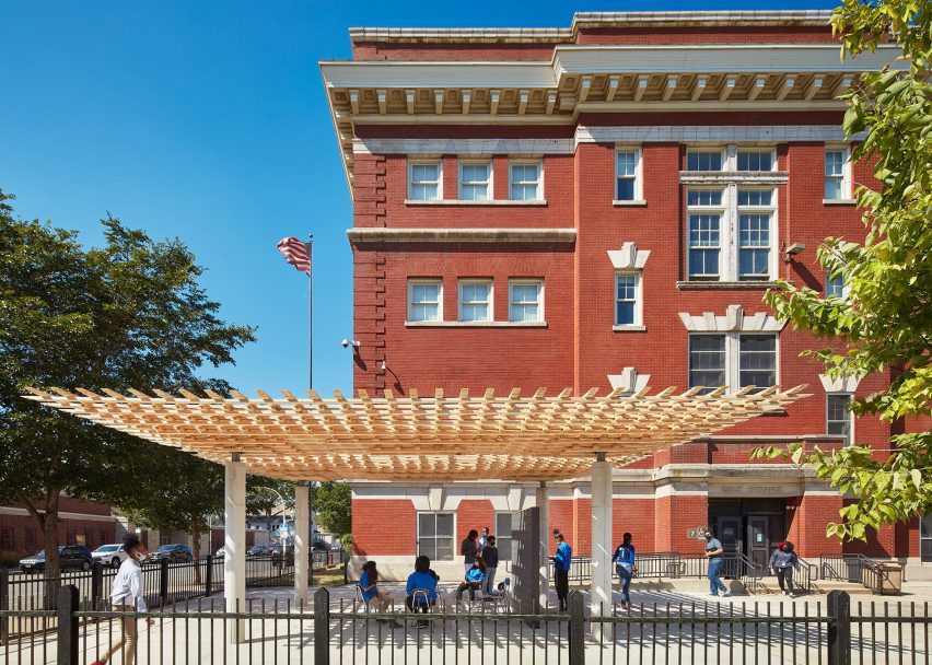 SOM architects' SPLAM pavilion outside of EPIC Academy’s South Shore campus in Chicago